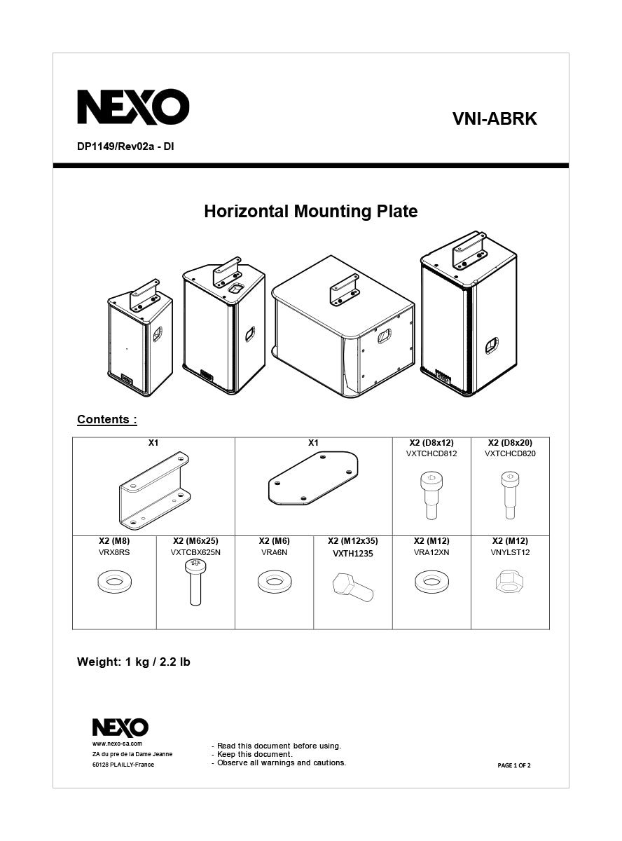 NEXO VNI-ABRK horizontal mounting plate, information sheet with drawings