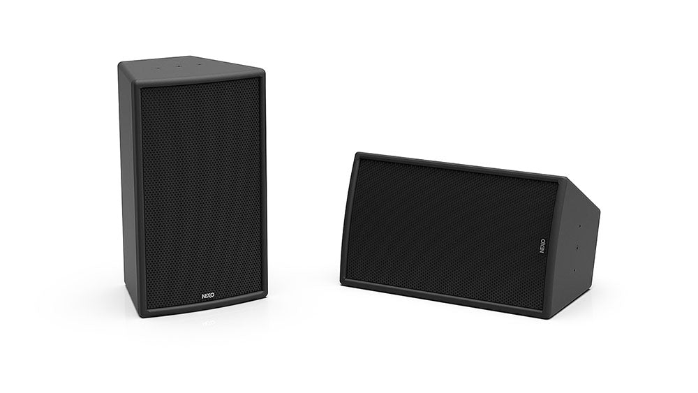 NEXO ePS8-EN54 installation speaker in black, upright and horizontal