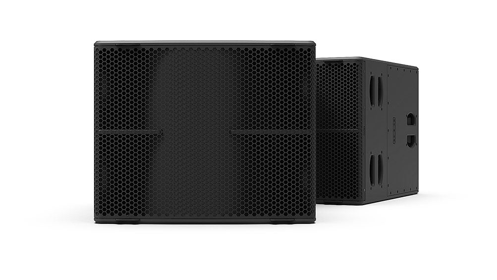 NEXO L18 compact horn-loaded subwoofer in black, front and angled views