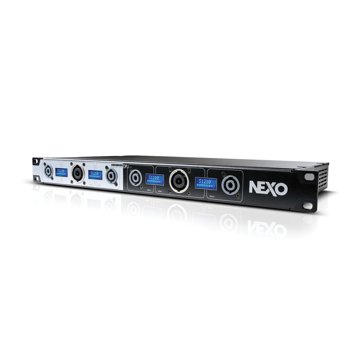 NEXO DPU Digital Patching Unit for NXAMP Powered TDcontrollers, 1U rack unit, angled front view