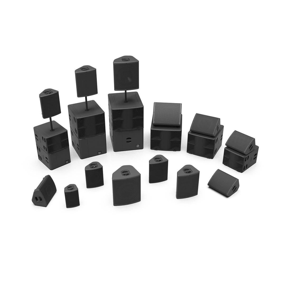 NEXO P Series and L Series family: point source speakers and subwoofers in various setups