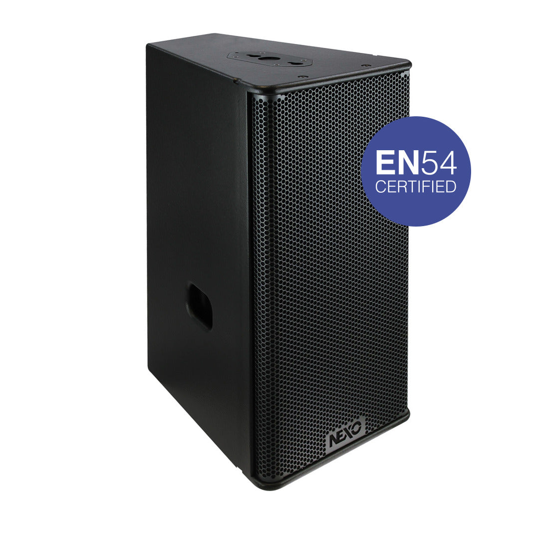 NEXO GEO S1230-EN54 module, angled front view with EN54 certified badge