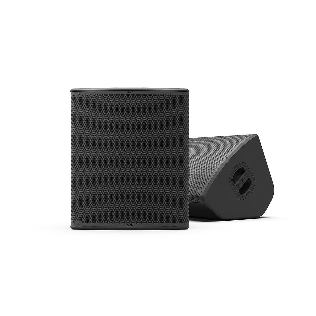 NEXO P18 point source speaker in black, upright and as a floor monitor