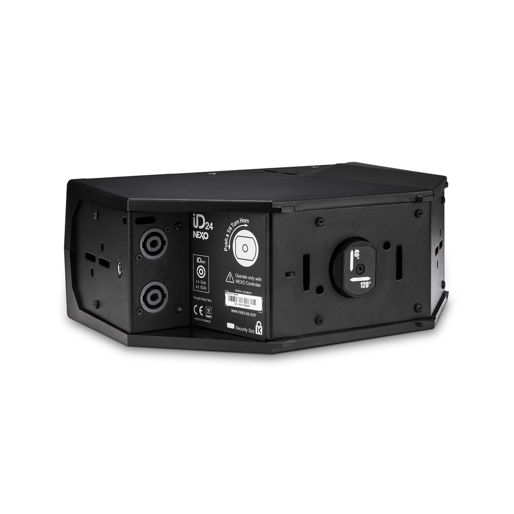 NEXO ID24 compact speaker, touring version in black, rear view with connectors