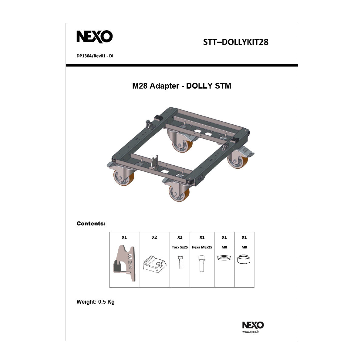 NEXO STT-DOLLYKIT28 M28 adapter for the STM dolly, information sheet with drawings