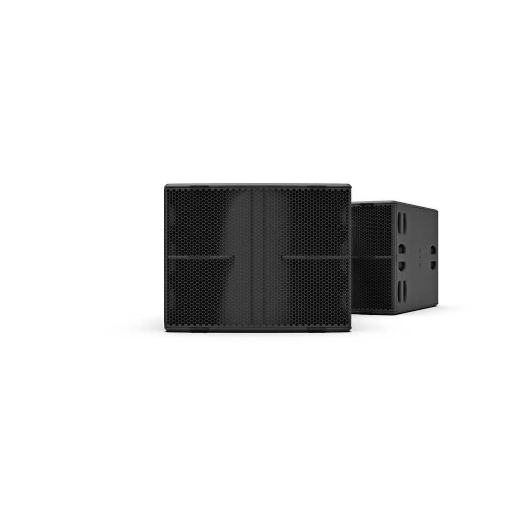 NEXO L20 subwoofer in black, front and angled views on grey