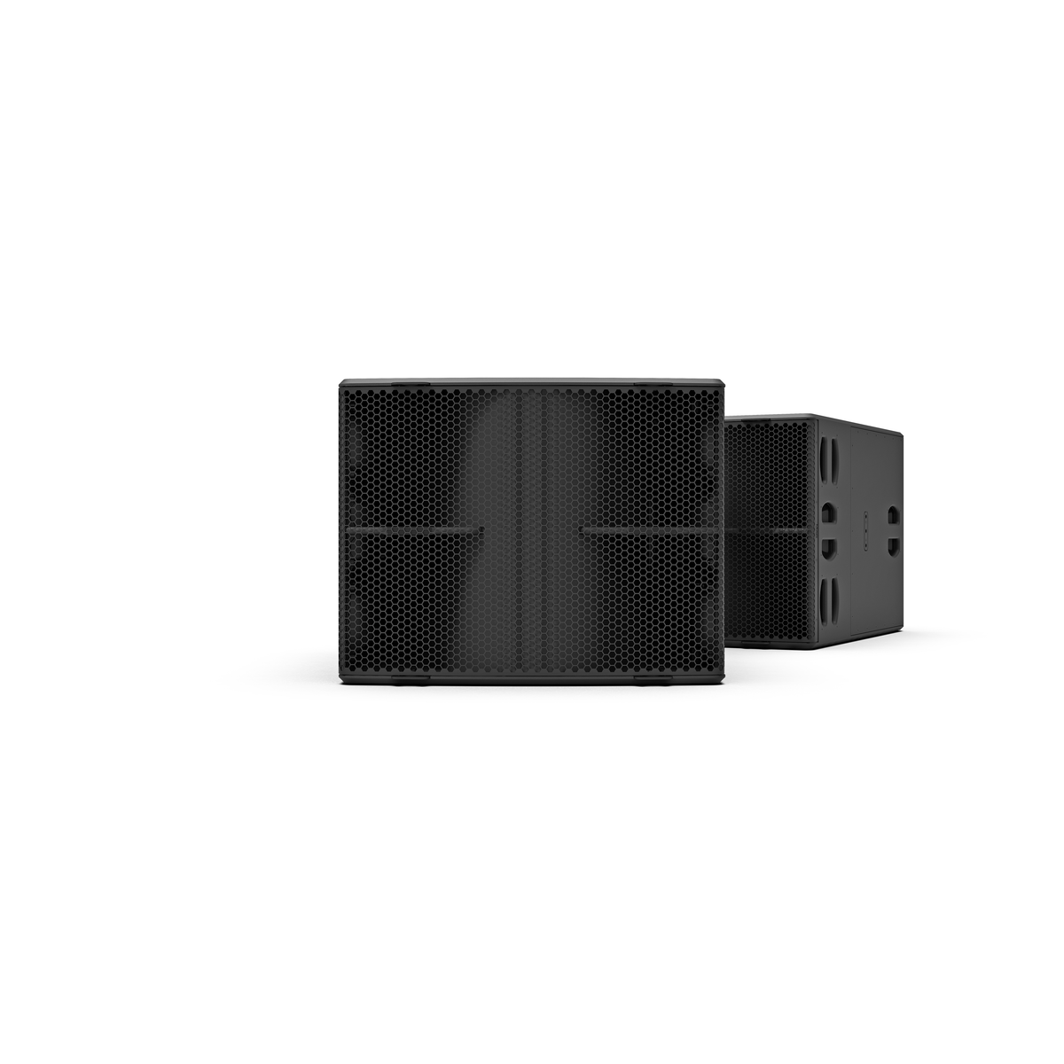 NEXO L20 subwoofer in black, front and angled views on grey