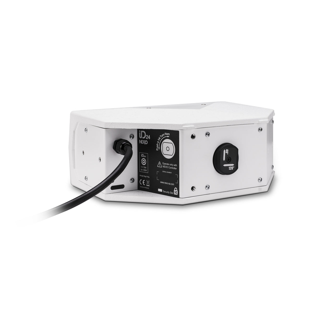 NEXO ID24 compact speaker, installation version in white, rear view with cable gland