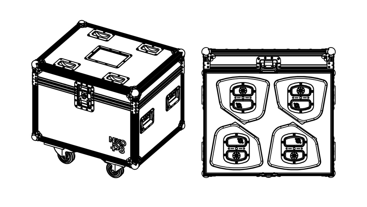 NEXO PNT-4CASE8 flight case for four P8 speakers, closed and seen from above open, line drawing