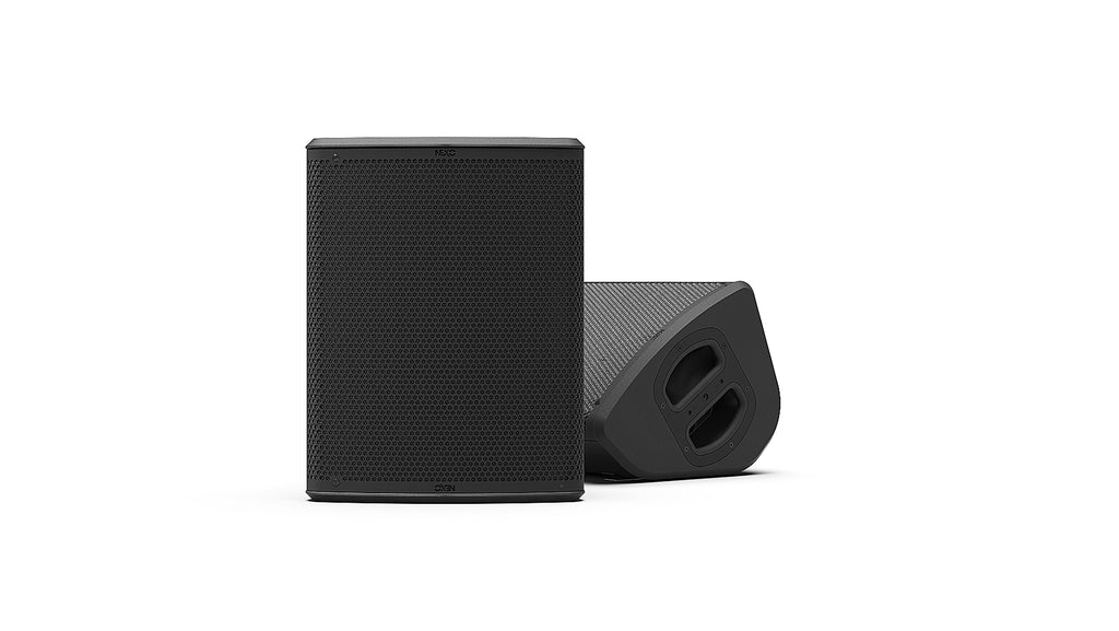 NEXO P10 point source speaker in black, upright and as a floor monitor