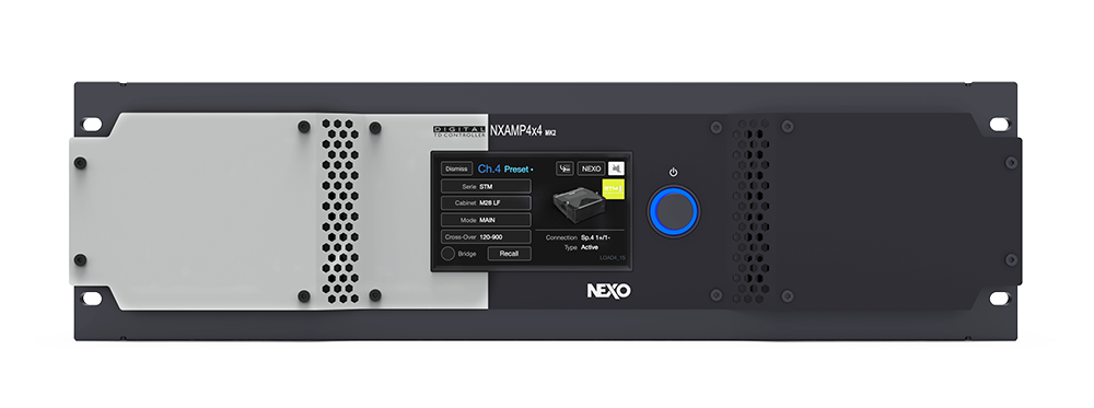 NEXO NXAMP4x4MK2 Powered TD Controller, 3U rack unit, front view with touchscreen