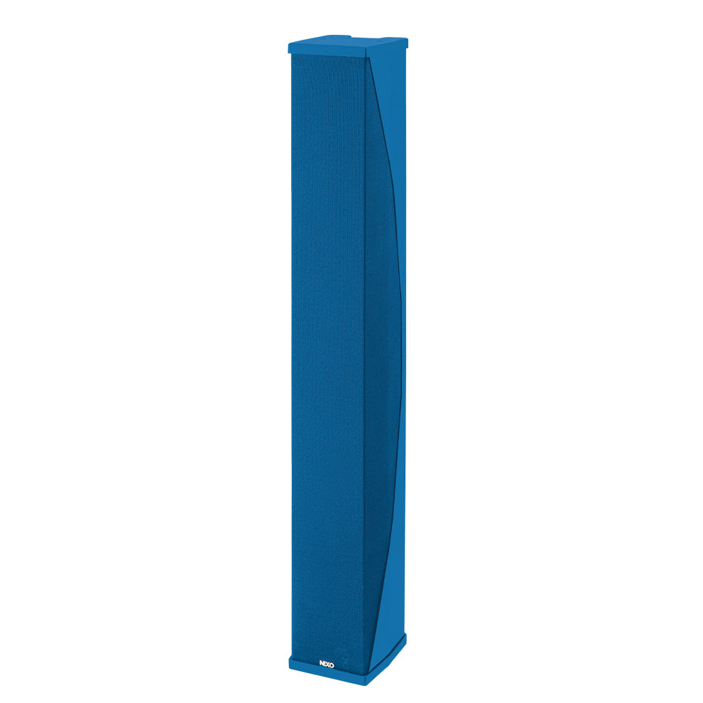 NEXO ID84L column bass speaker in a blue custom colour, angled front view