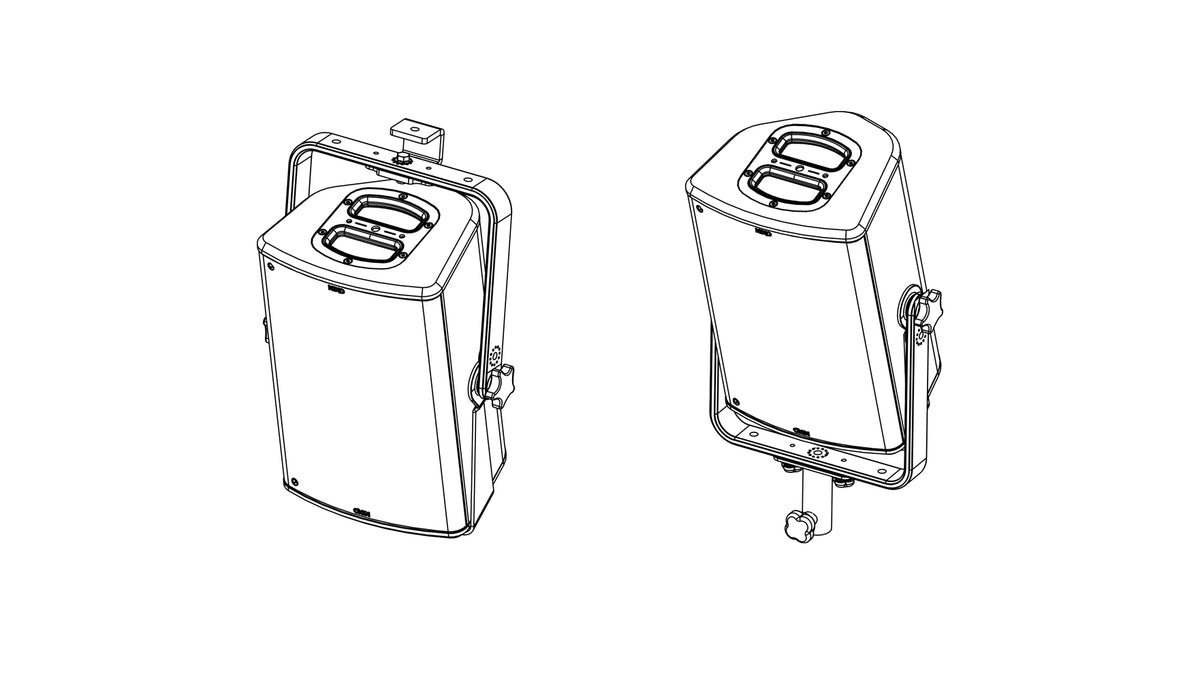 NEXO PNU-VBRK8 vertical bracket holding a P8, two views, line drawing