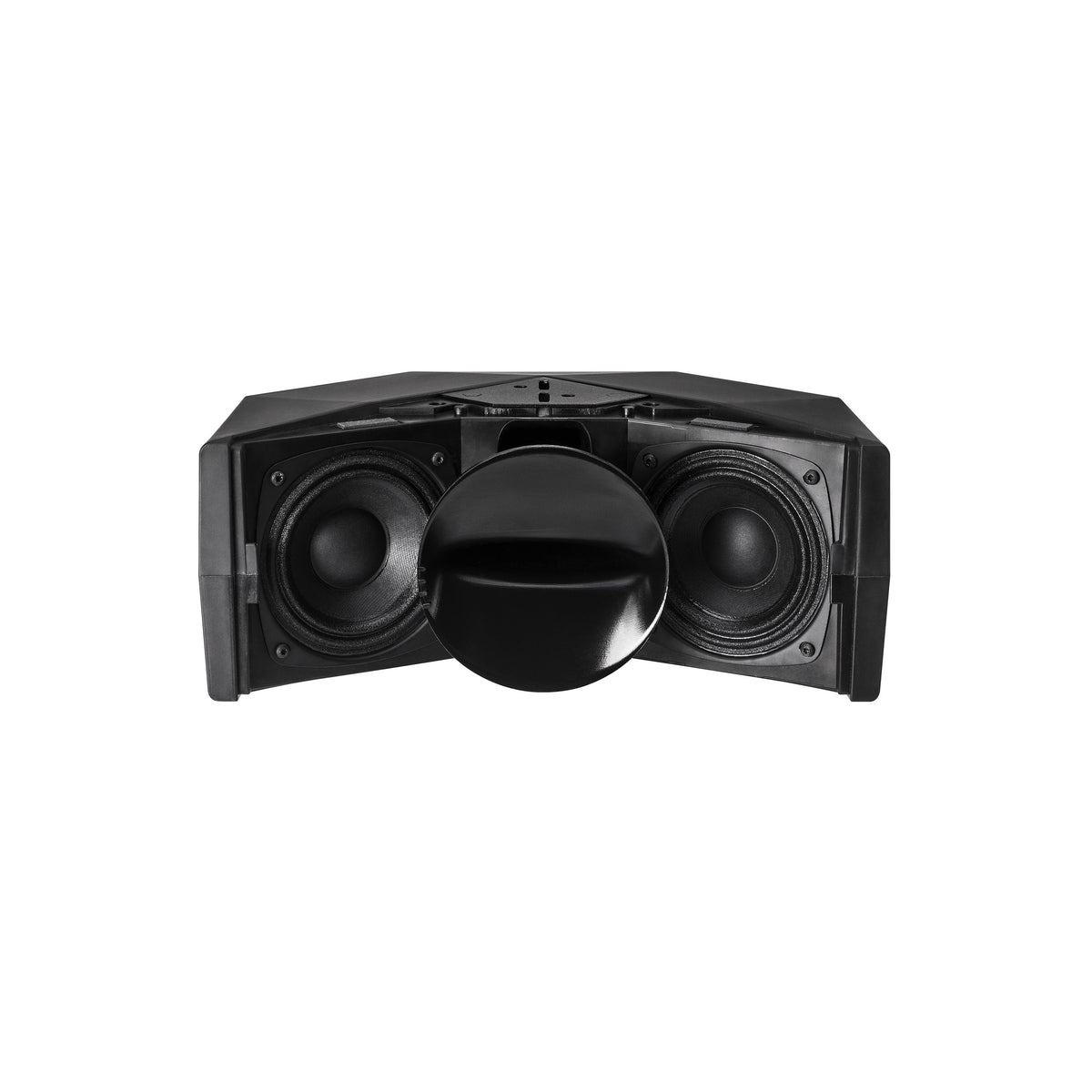 NEXO ID24 without grille, showing the two woofers and the rotatable horn set horizontally