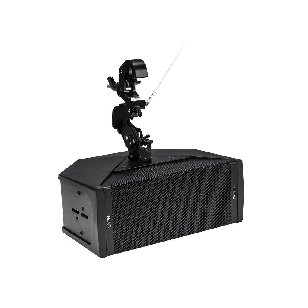 NEXO ID24 compact speaker, touring version, hung horizontally from a clamp for under-balcony use