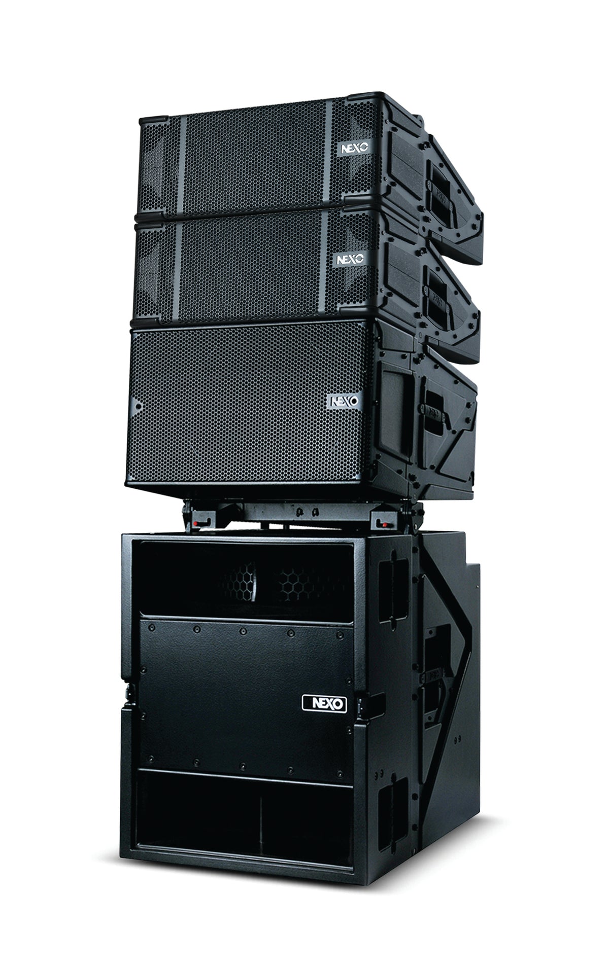 NEXO STM M28 modules ground-stacked on an STM bass module