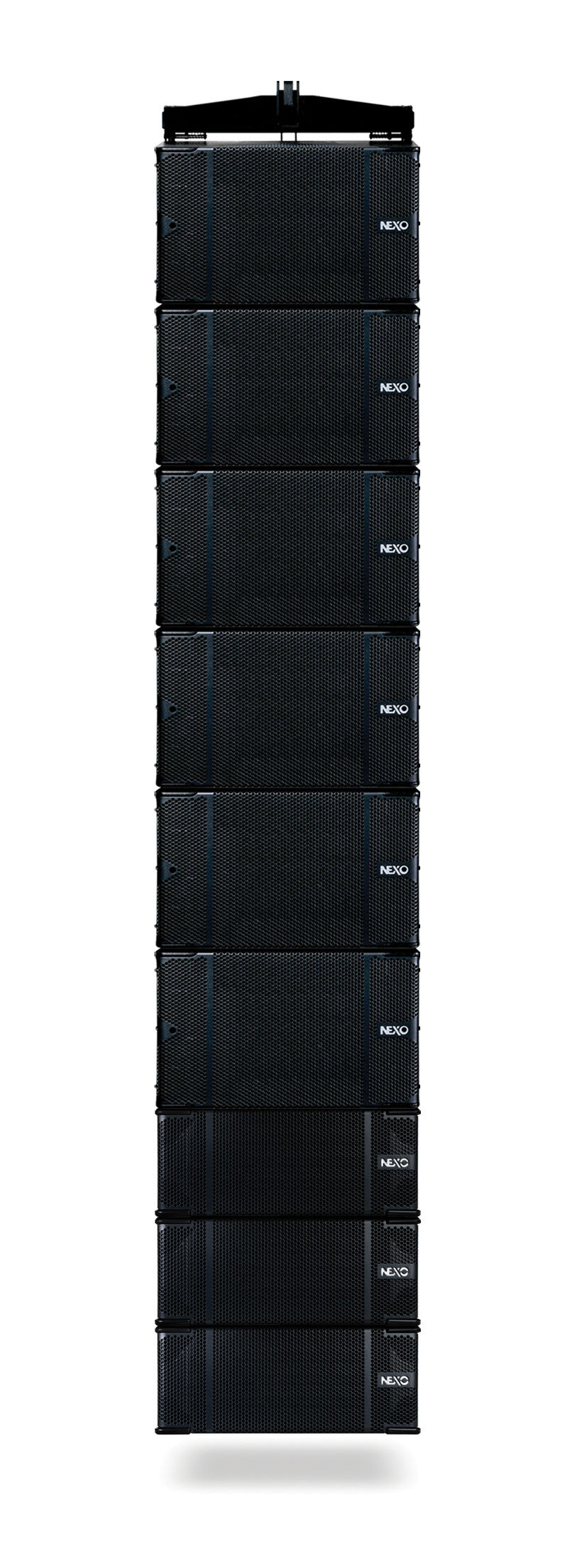 Tall flown NEXO STM array column in a downfill configuration with M28 modules