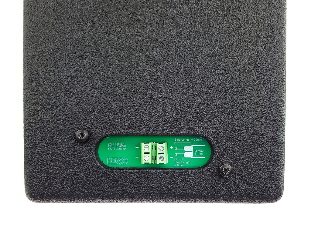 Close-up of the NEXO ePS/eLS rear connection plate with screw terminals, IP cover removed