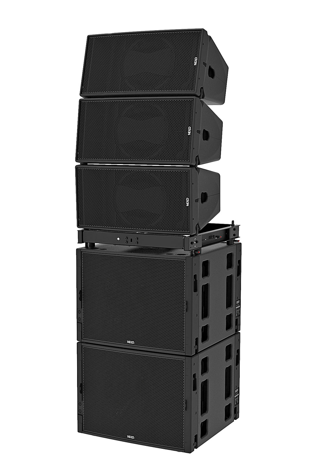 Three NEXO GEO M12 line array modules stacked on two MSUB18 subwoofers