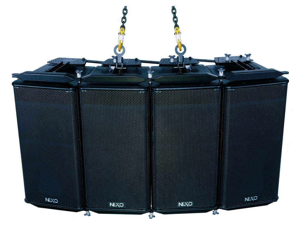 Four NEXO GEO S12 modules flown as a horizontal array from chain hoists