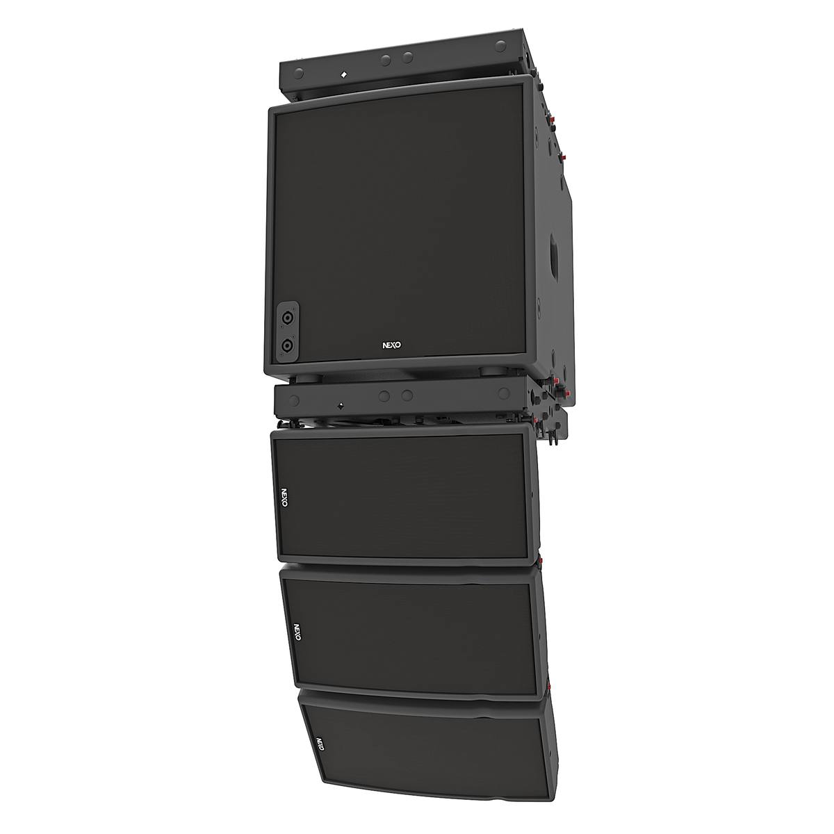 NEXO GEO M6 line array flown below an MSUB12 subwoofer