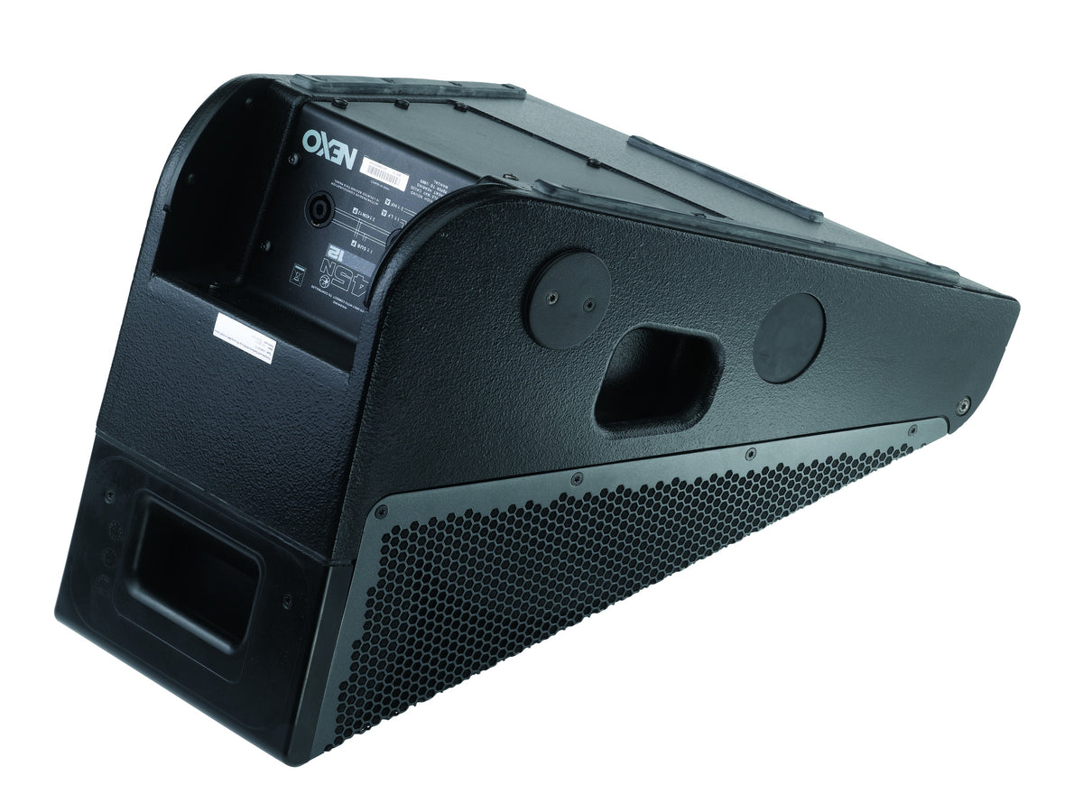 NEXO 45N-12 stage monitor, angled rear view showing the connector panel and handles
