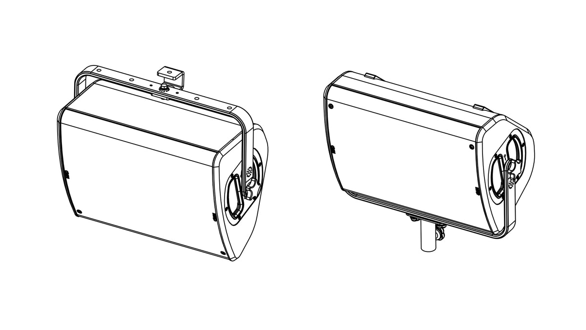 NEXO VNU-HBRK500 horizontal bracket holding a P10, two views, line drawing