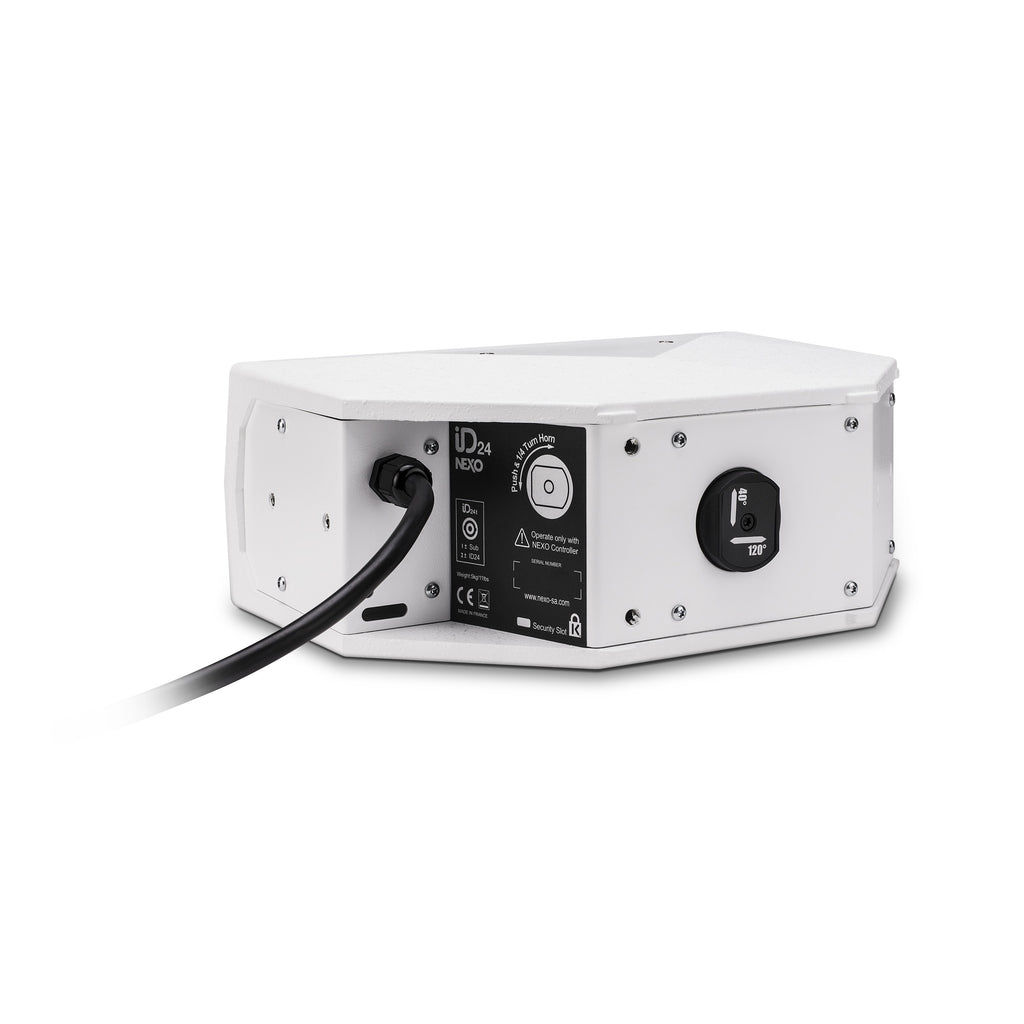 NEXO ID24 compact speaker, installation version in white, rear view with cable gland