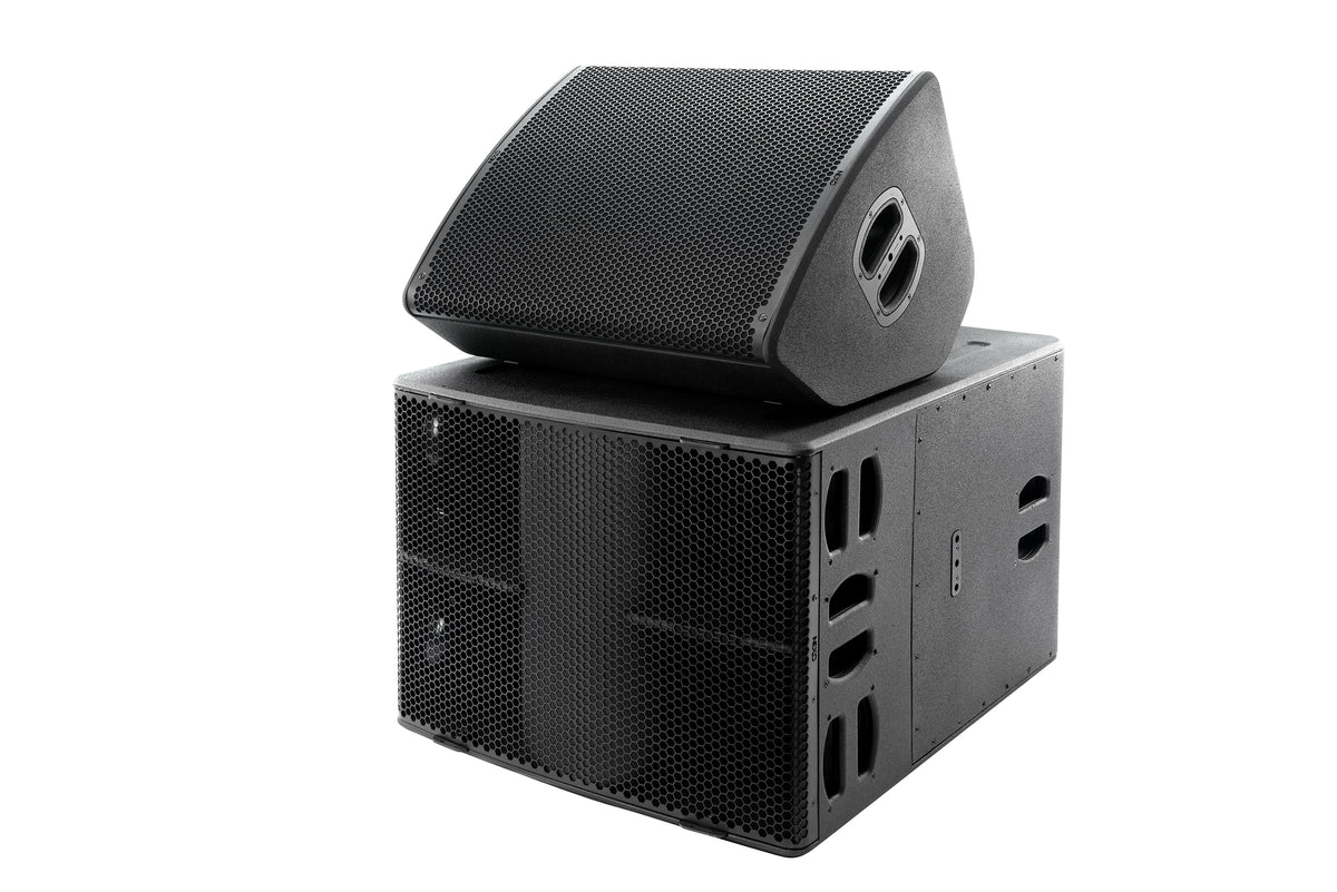 NEXO P18 as a floor monitor on top of an L20 subwoofer, angled view