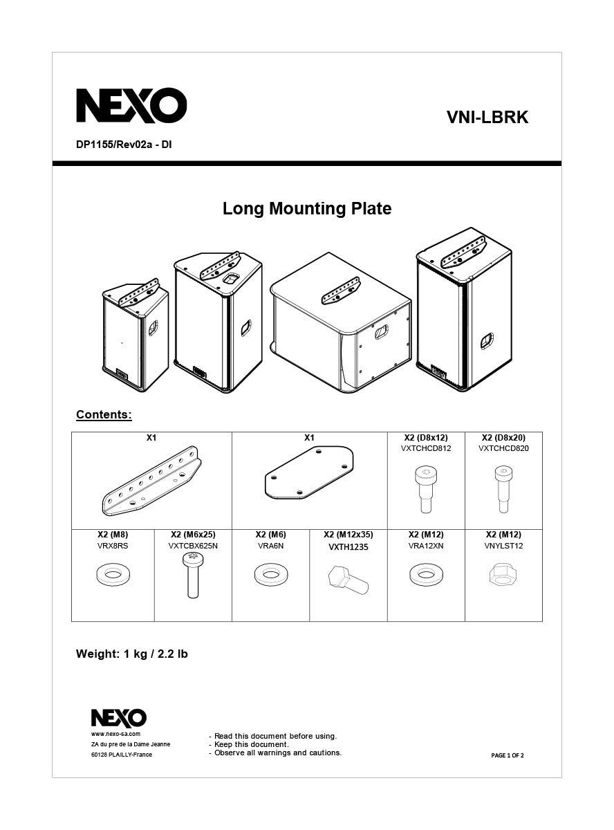 NEXO VNI-LBRK long mounting plate, information sheet with drawings