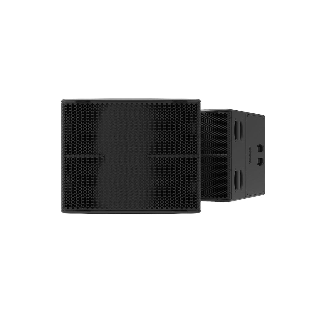 NEXO L18 compact horn-loaded subwoofer, close front and angled views