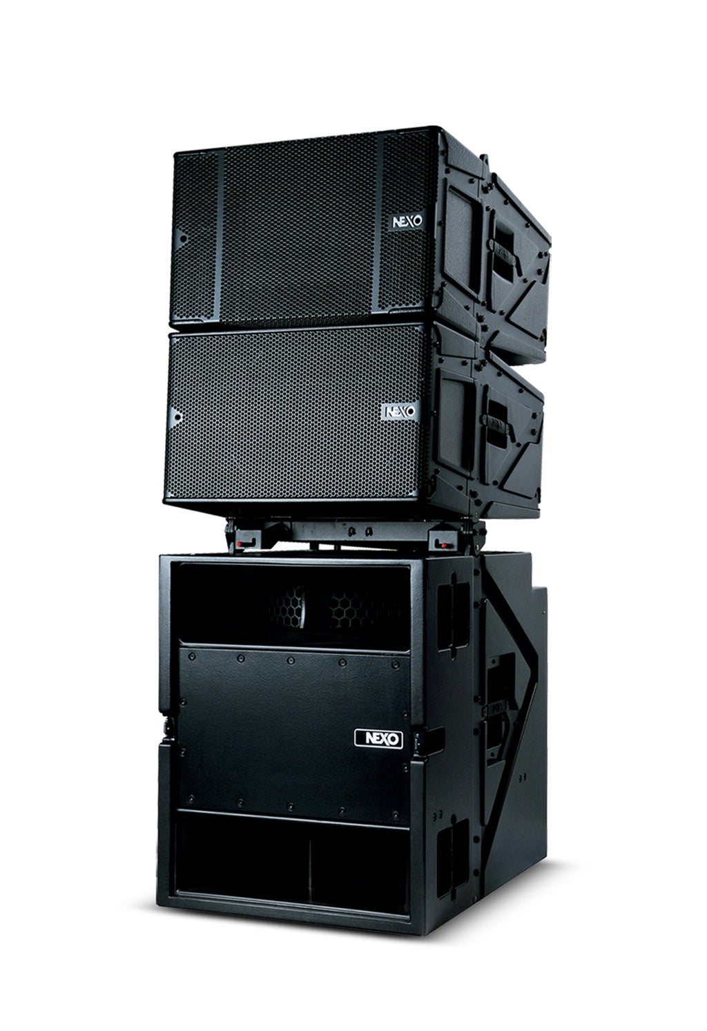 NEXO STM ground stack: main and bass modules on an S118 sub module