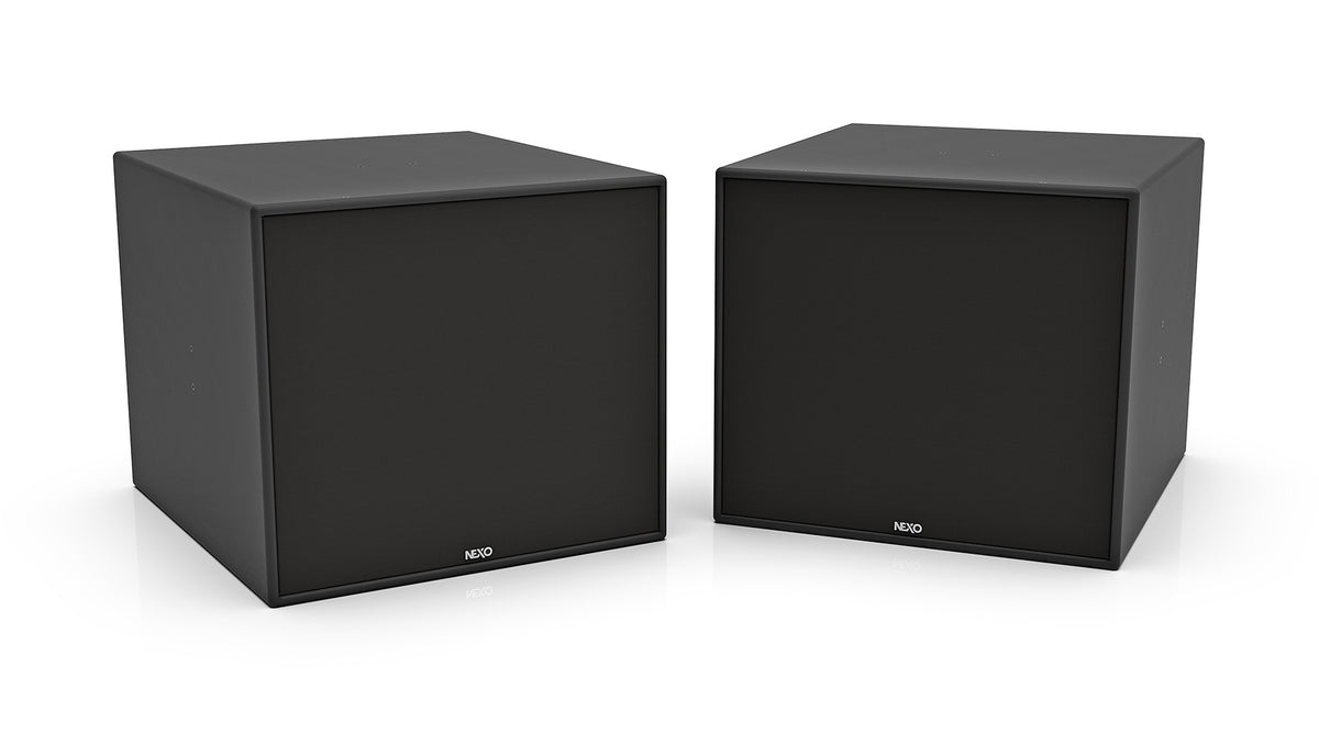 NEXO eLS18 installation subwoofer in black, front and angled views
