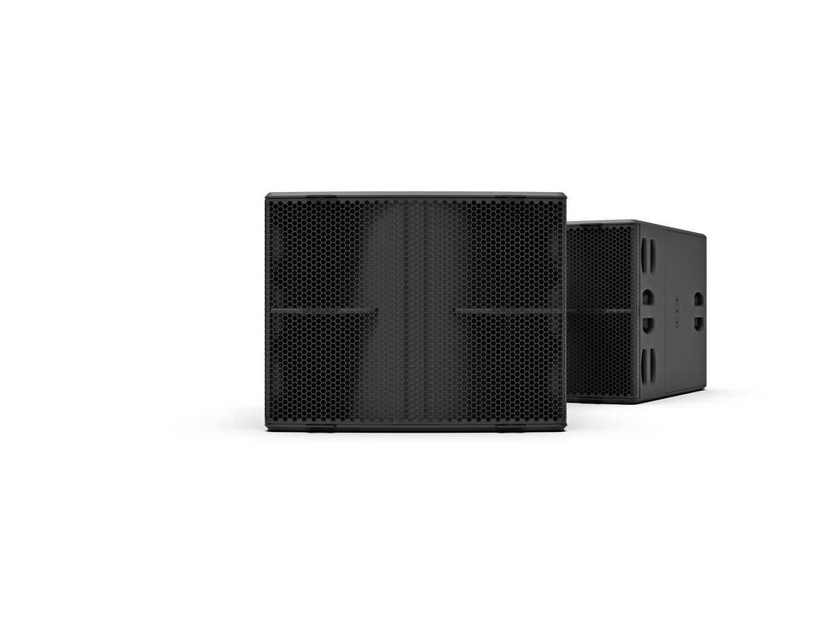 NEXO L20 subwoofer in black, front and angled views on grey