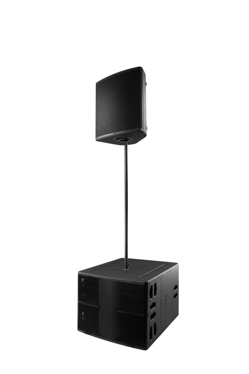 NEXO P18 on a pole above an L20 subwoofer, angled view