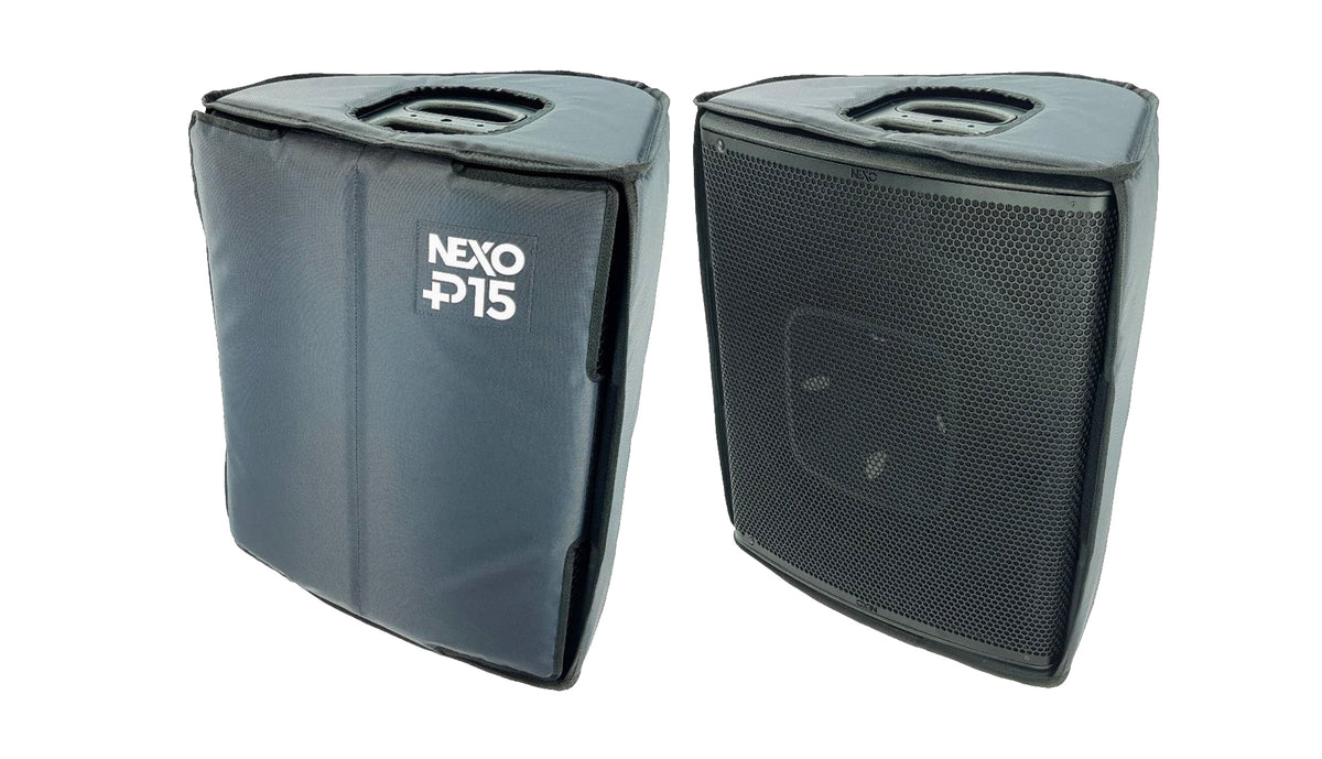 NEXO PNT-COV15 cover for P15, shown on the speaker next to an uncovered P15