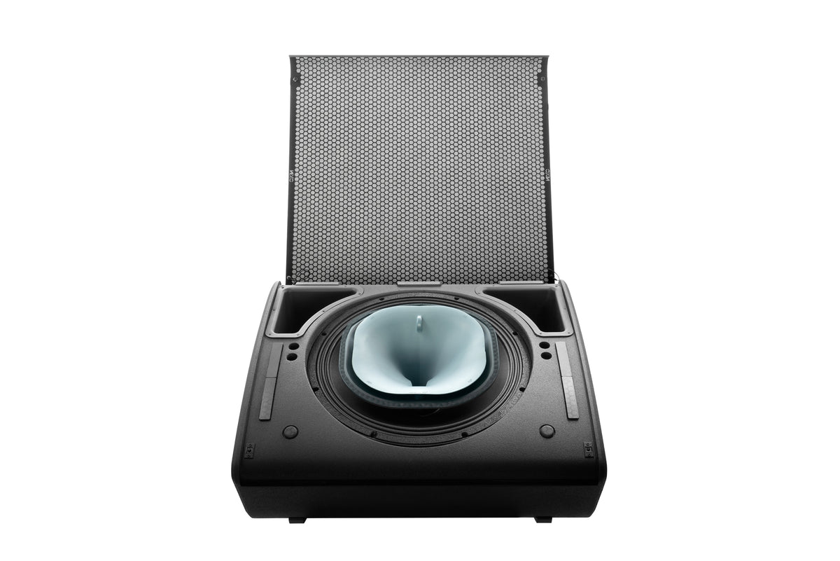 NEXO P18 with the front grille opened, showing the coaxial driver and horn