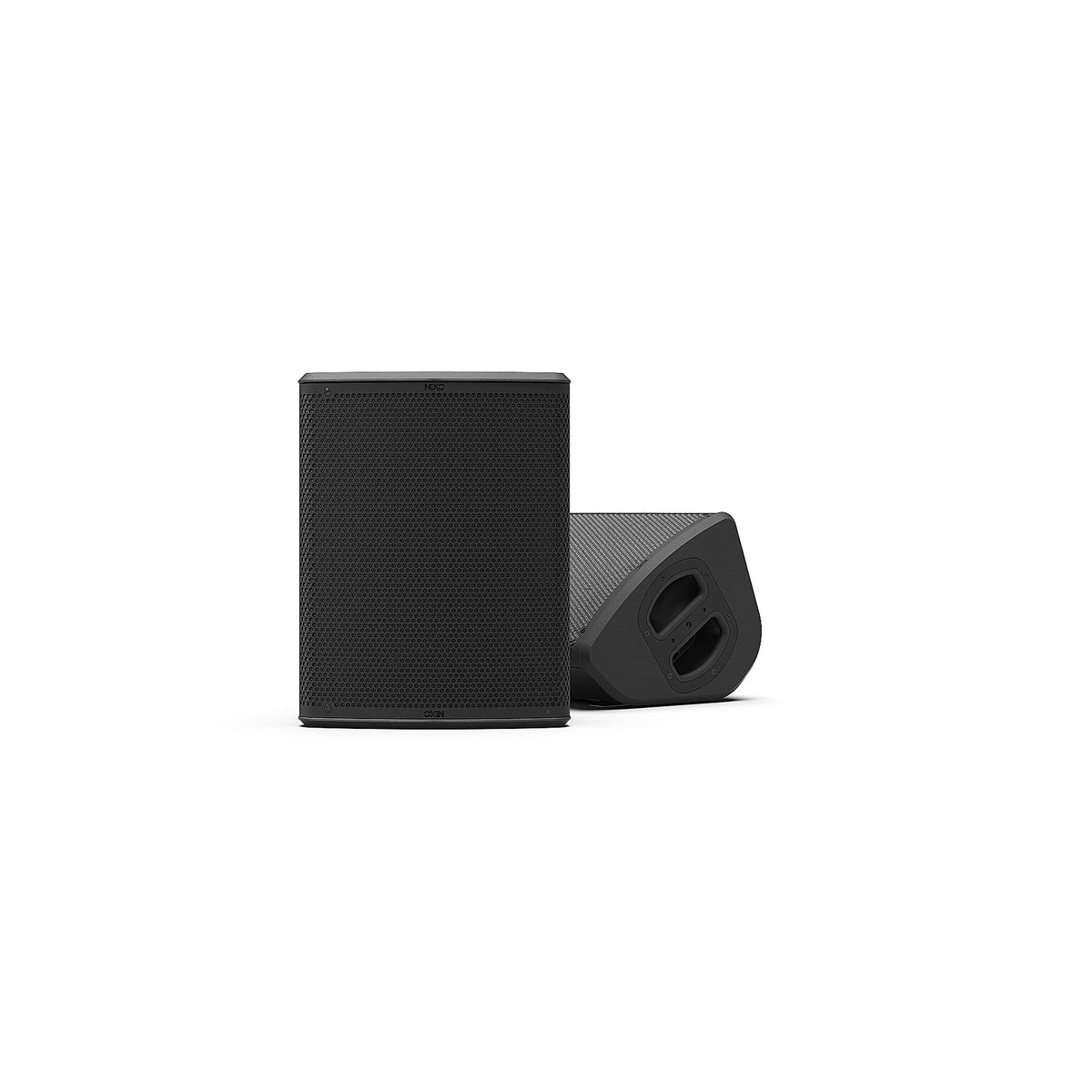 NEXO P10 point source speaker in black, upright and as a floor monitor