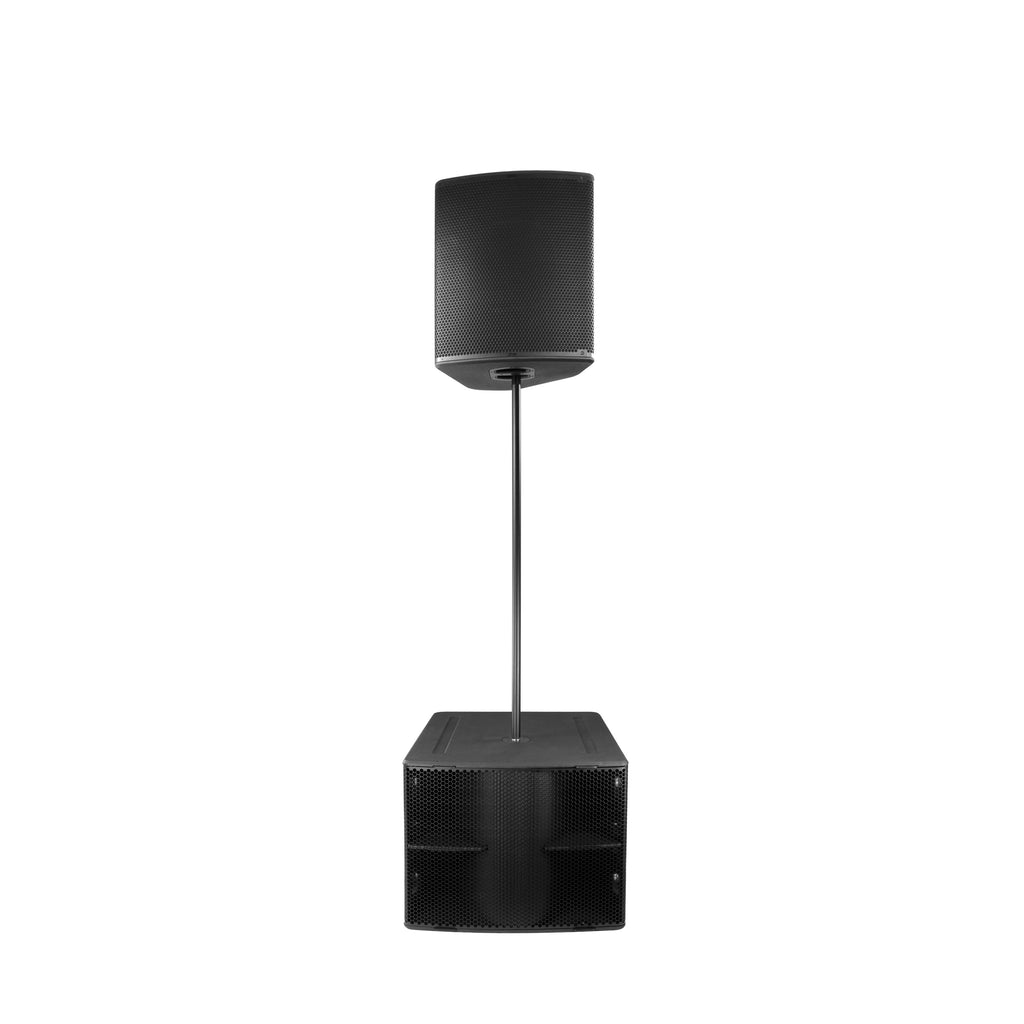 NEXO P18 on a pole above an L20 subwoofer, front view