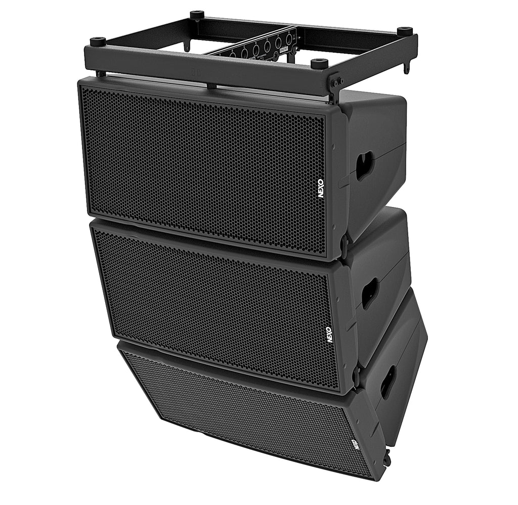 Three NEXO GEO M1210 line array modules flown from a bumper