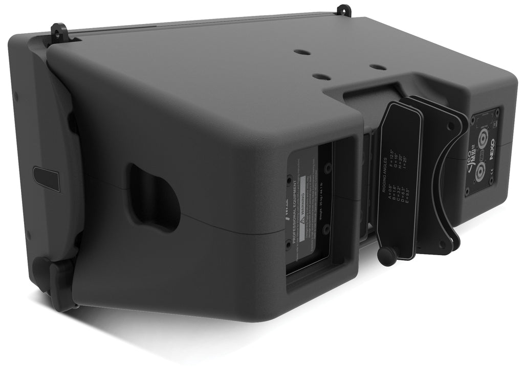 NEXO GEO M10 line array module, rear view from the left showing rigging and connectors