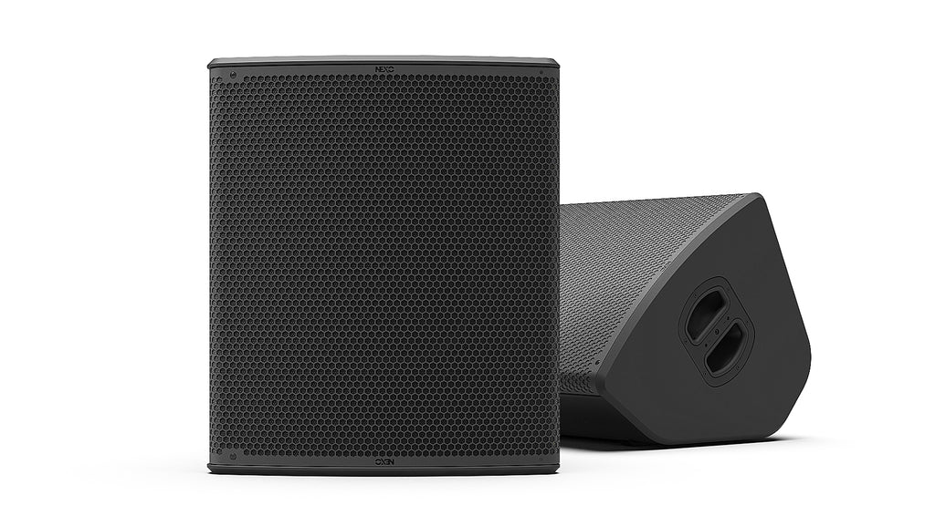NEXO P18 point source speaker in black, upright and as a floor monitor