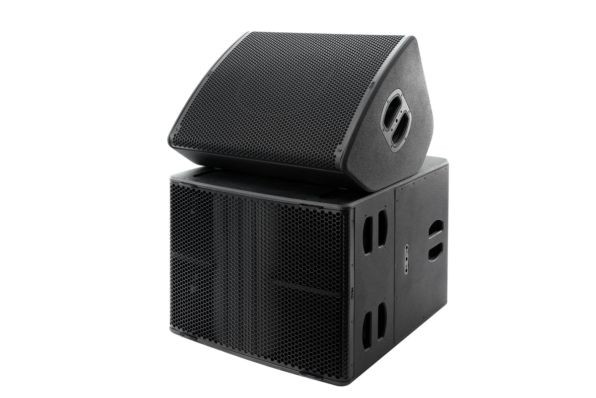 NEXO P18 as a floor monitor on top of an L18 subwoofer, angled view