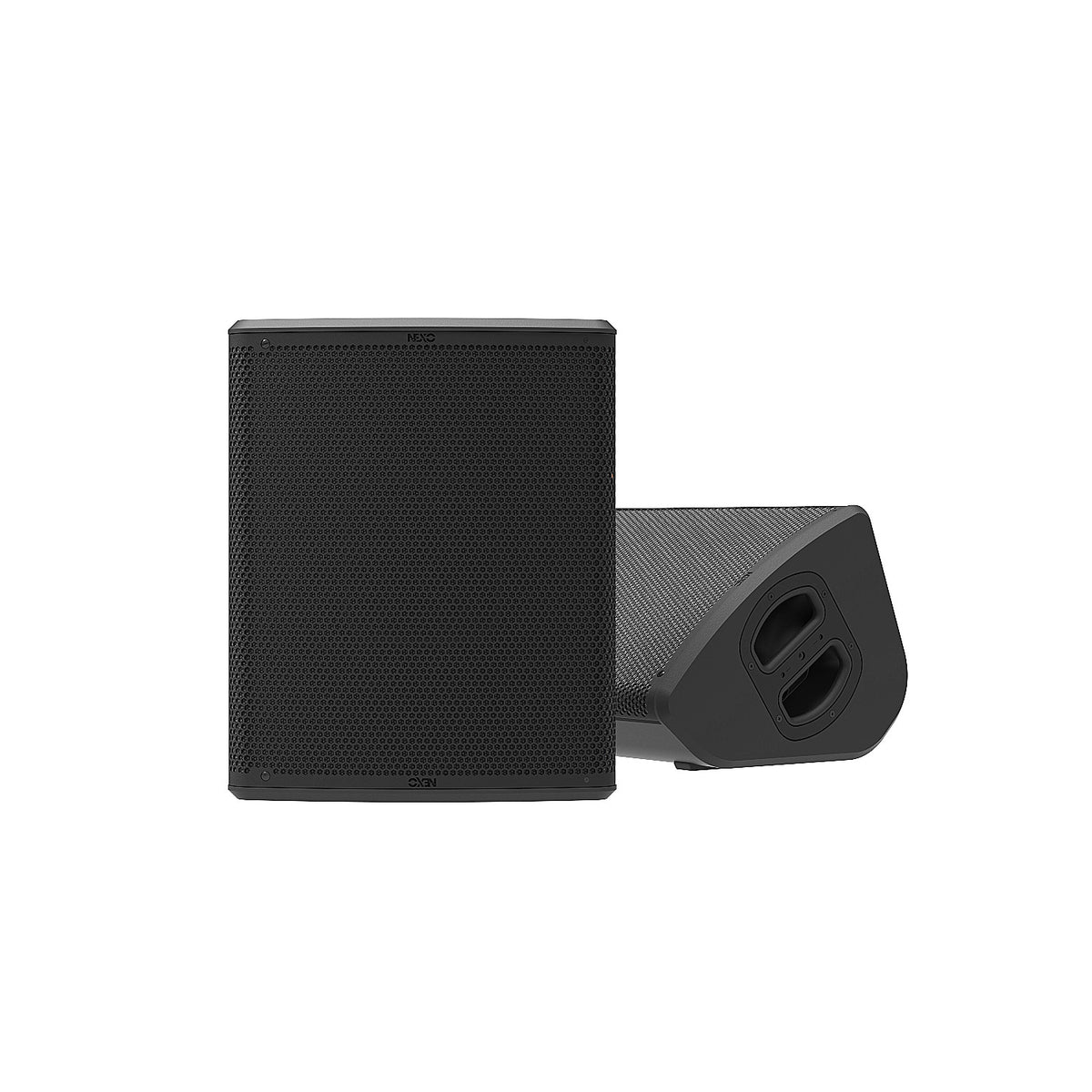 NEXO P12 point source speaker, close upright and floor monitor views