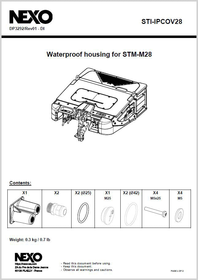 NEXO STI-IPCOV28 waterproof housing for STM M28, information sheet with drawing