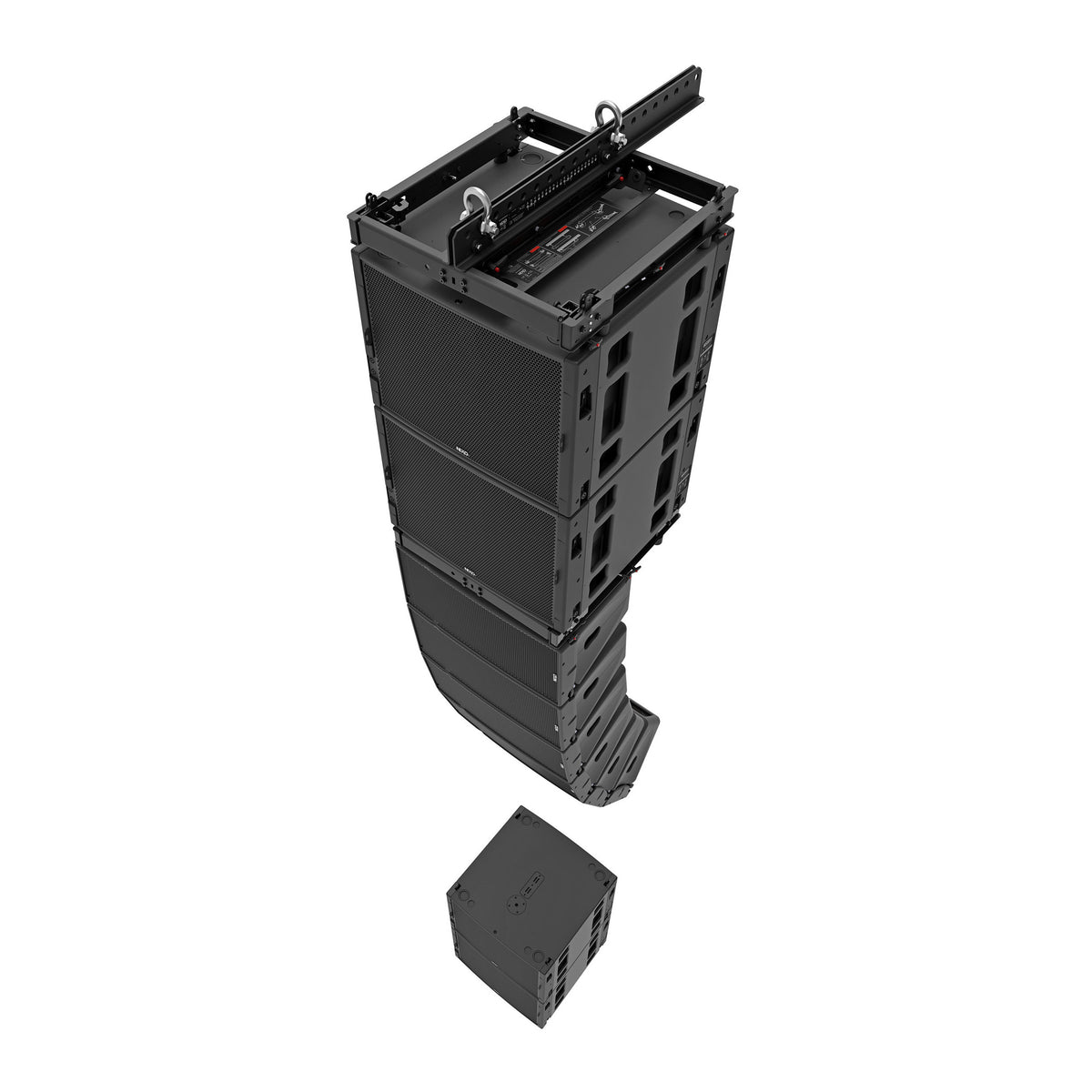 Flown NEXO GEO M12 line array with MSUB18 subwoofers above it and an MSUB18 on the floor