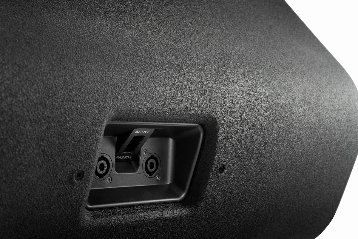 Close-up of the recessed connector panel on the NEXO P18