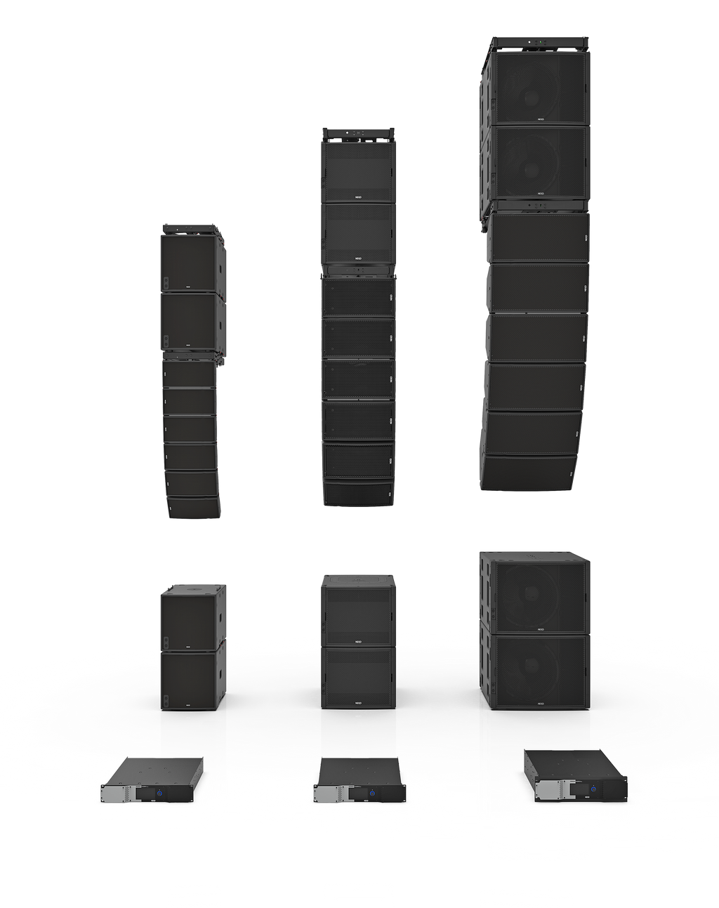 NEXO GEO M6, GEO M10 and GEO M12 line arrays with matching MSUB subwoofers and NXAMP amplifiers