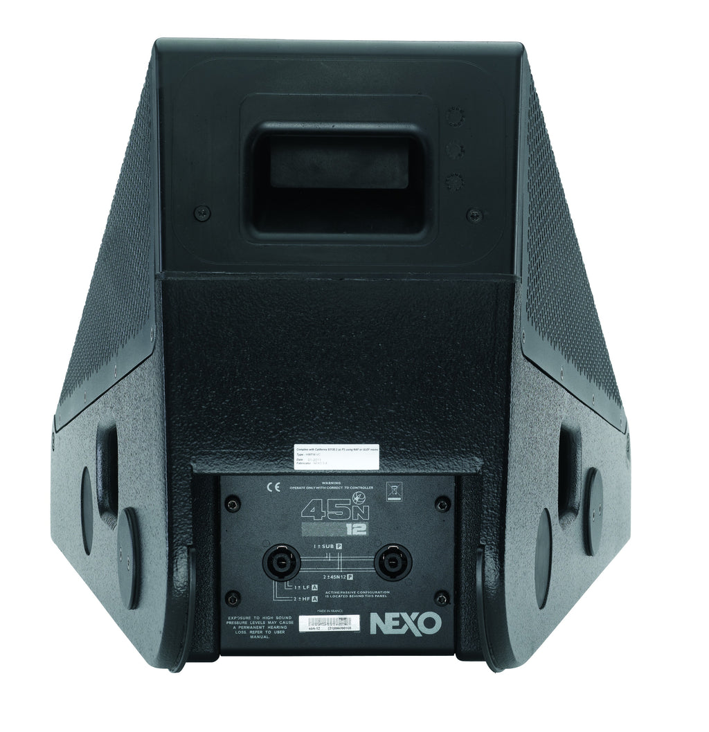 NEXO 45N-12 stage monitor, rear view with handle and connector panel