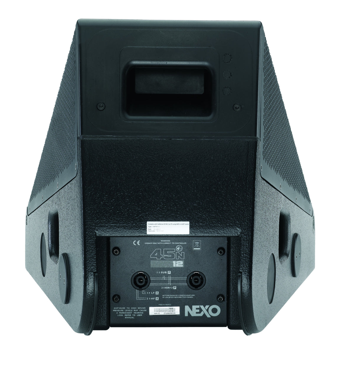 NEXO 45N-12 stage monitor, rear view with handle and connector panel